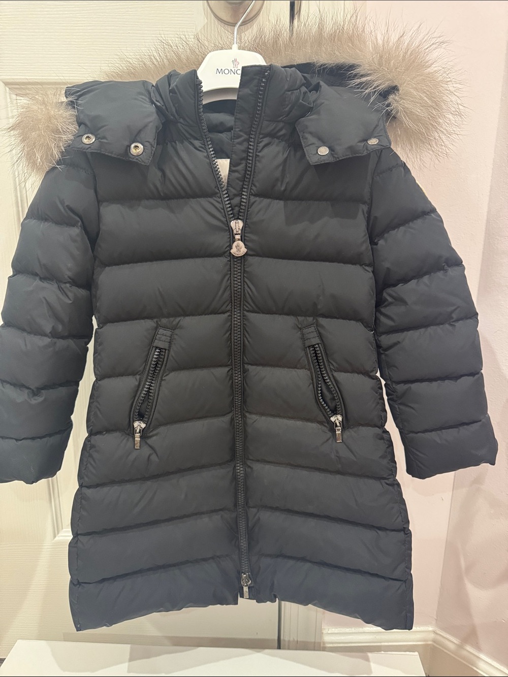 Moncler Black Quilted Down Coat with Fur-Trim Hood Girls - Picture 2 of 5